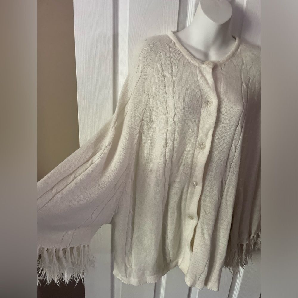 Vintage Women's Knit Crochet Fringe Sweater Cape Poncho Ivory